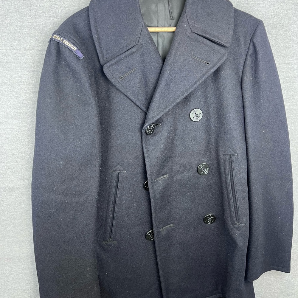 Vintage 50s US Navy Wool Pea Coat Mens Navy Blue Military‎ Jacket JFK Patch 36R